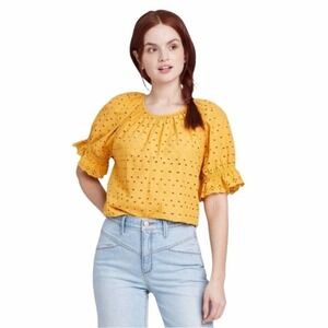 Universal Thread Womens Mustard Yellow Eyelet Puff Sleeve Blouse Top Large L